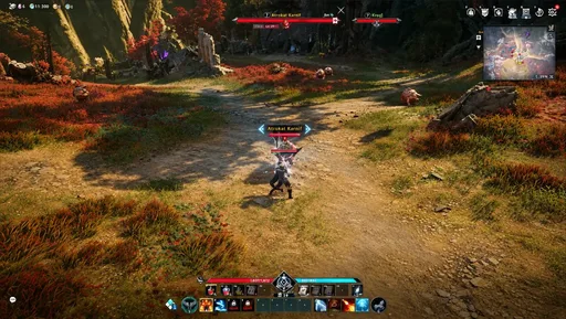 Aion 2 third-person spell combat on a forest path with red foliage, boss health bars, and lightning-style ability effects. (Aion 2 Cheats homepage gallery 3)