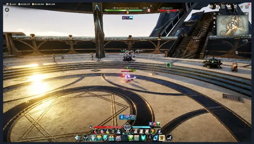 Aion 2 training arena duel with a scarecrow target, damage numbers, lens flare, and circular golden floor patterns under a bright sky. (Aion 2 Cheats homepage gallery 2)